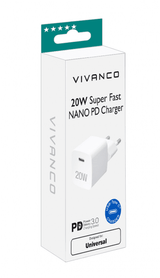 Vivanco Laturi 20W Supernopea NANO PD -laturi Valkoinen