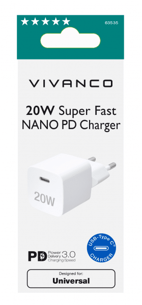 Vivanco Laturi 20W Supernopea NANO PD -laturi Valkoinen