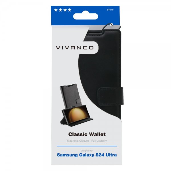 Vivanco Samsung Galaxy S24 Ultra -suojakotelo Classic Wallet, musta