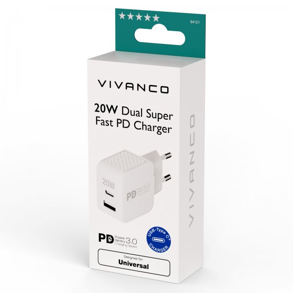 Vivanco Laturi 20W Dual Super Fast PD -laturi, valkoinen