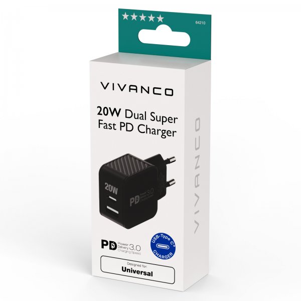 Vivanco Laturi 20W Dual Super Fast PD Charger, musta