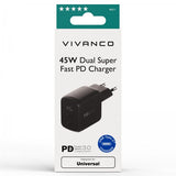 Vivanco Laturi 45W Dual Super Fast PD Charger, musta