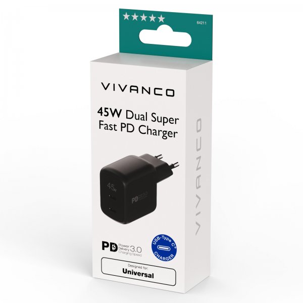 Vivanco Laturi 45W Dual Super Fast PD Charger, musta