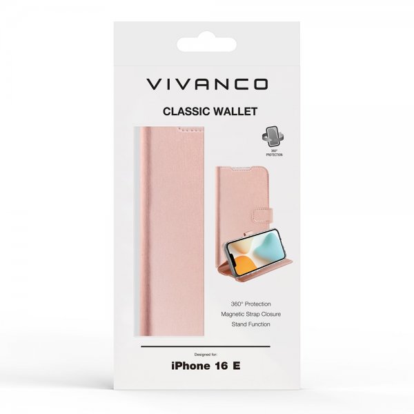 Vivanco iPhone 16e/17e Classic Wallet -kotelo ruusukulta