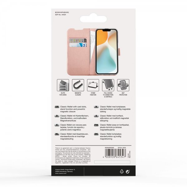 Vivanco iPhone 16e/17e Classic Wallet -kotelo ruusukulta