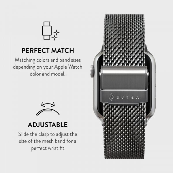 Burga Apple Watch 44/45/46mm/Ultra 49mm -ranneke, Mesh Elegance Silver