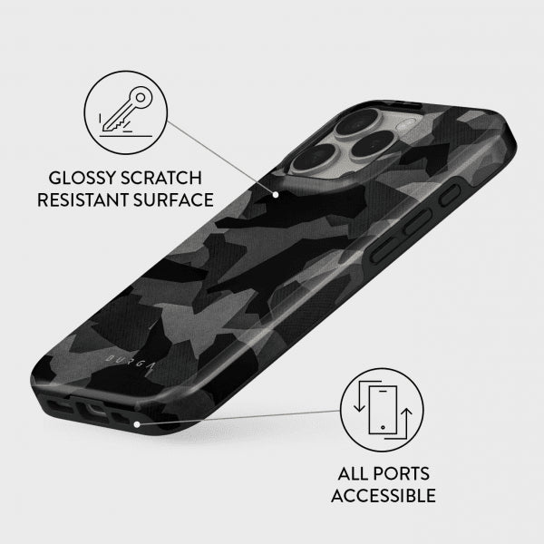 Burga iPhone 15 -suojakuori Tough Night Black Camo