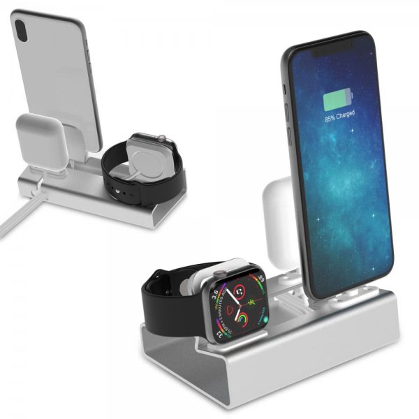 3-in-1 pidike iPhonelle, Apple Watchille ja AirPodeille, hopea