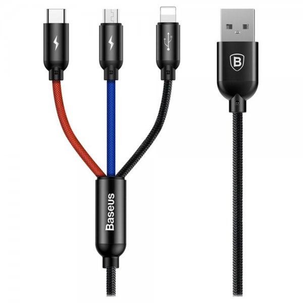 Baseus 3-in-1 -kaapeli Micro USB/Type-C/Lightning 1,2 m Kolmivärinen Musta