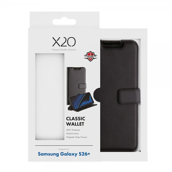 X2O Samsung Galaxy S26 Plus -lompakkokotelo, Classic Wallet, musta