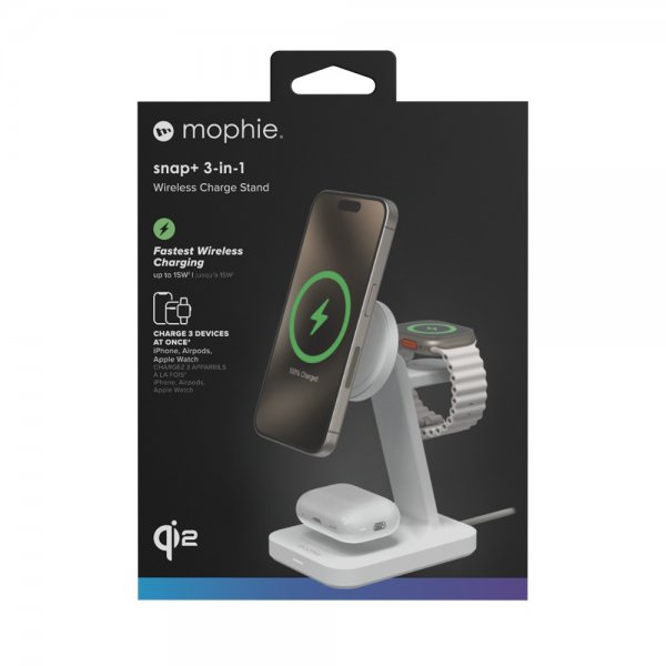 Mophie Langaton Laturi Snap+ 3-in-1 Wireless Charge Stand Qi2 MagSafe Valkoinen