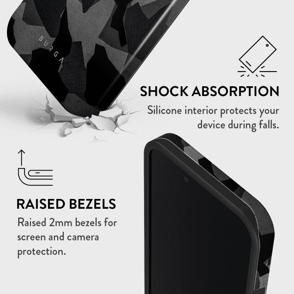Burga iPhone 16e/iPhone 17e Suojakuori Tough Night Black Camo