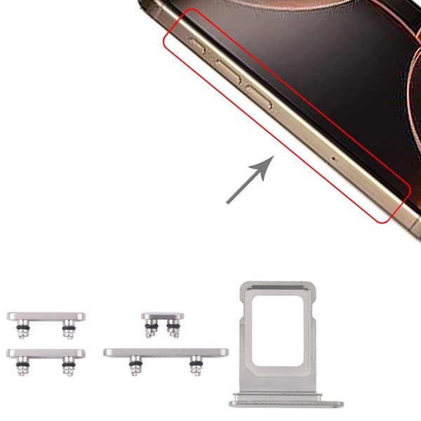 iPhone 16 Pro- ja 16 Pro Max -puhelimien painikkeet ja SIM-korttipidike - Valkoinen