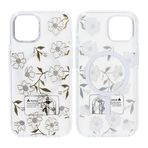 iPhone 15 -kuori, jossa kuviointi, MagSafe, kukkivat oksat