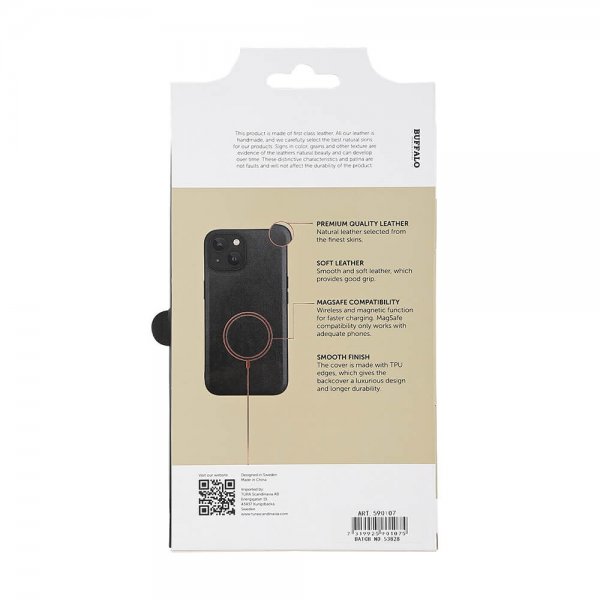 Buffalo iPhone 15 -kuori, aitoa nahkaa, MagSeries, musta