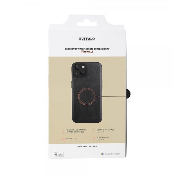 Buffalo iPhone 15 -kuori, aitoa nahkaa, MagSeries, musta