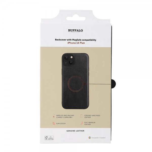 Buffalo iPhone 15 Plus -suojakuori, aitoa nahkaa, MagSeries, musta