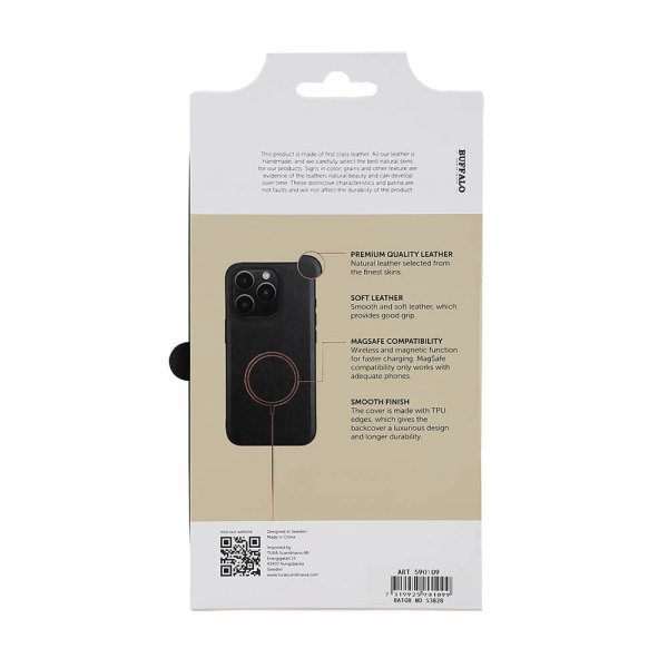 Buffalo iPhone 15 Pro -kuori, aitoa nahkaa, MagSeries, musta