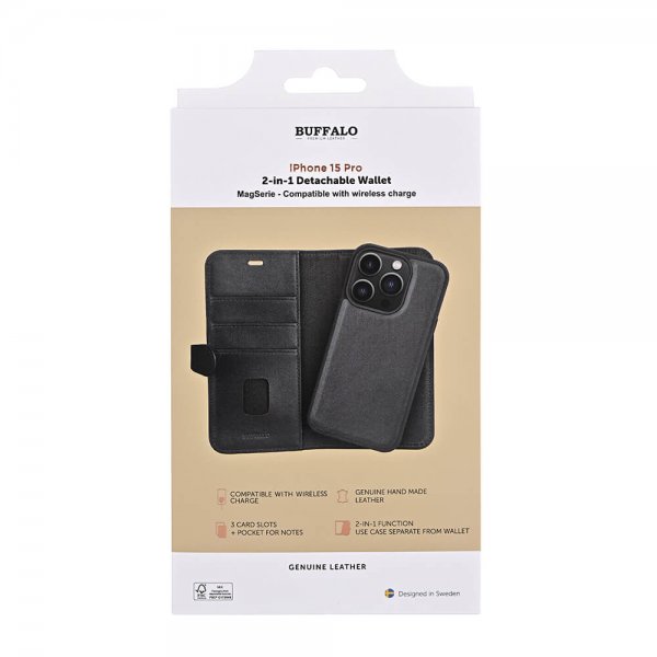 Buffalo iPhone 15 Pro -suojakuori, 3 korttipaikkaa, irrotettava MagSeries-kuori, musta