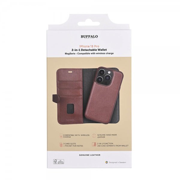 Buffalo iPhone 15 Pro -lompakkokotelo, 3 korttipaikkaa, irrotettava MagSeries-kuori, ruskea