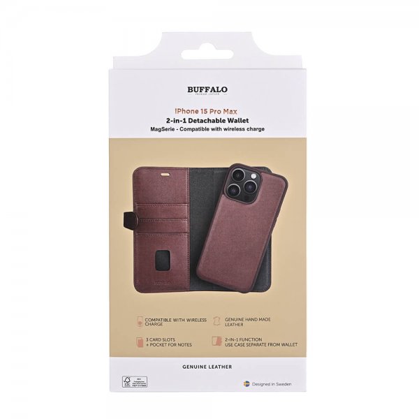 Buffalo iPhone 15 Pro Max Kuori 3 Korttipaikkaa Irrotettava MagSeries Ruskea