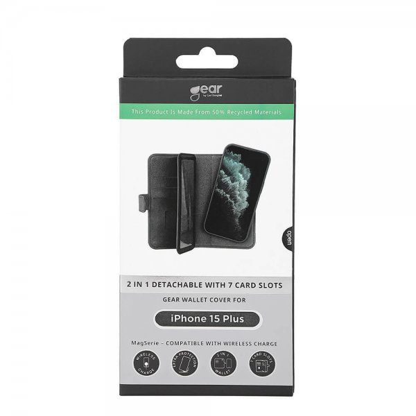 Gear iPhone 15 Plus Suojakotelo 7 Korttipaikkaa Irrotettava Kuori MagSeries Musta