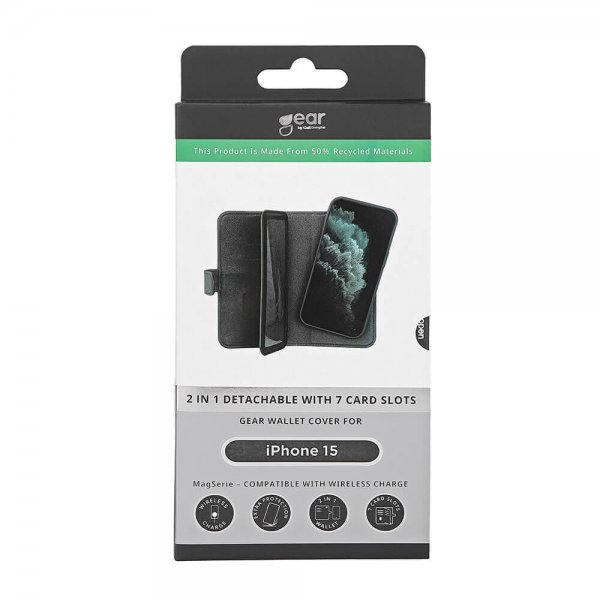 Gear iPhone 13/14/15 Kotelo 7 korttipaikkaa Irrotettava kuori MagSeries Musta
