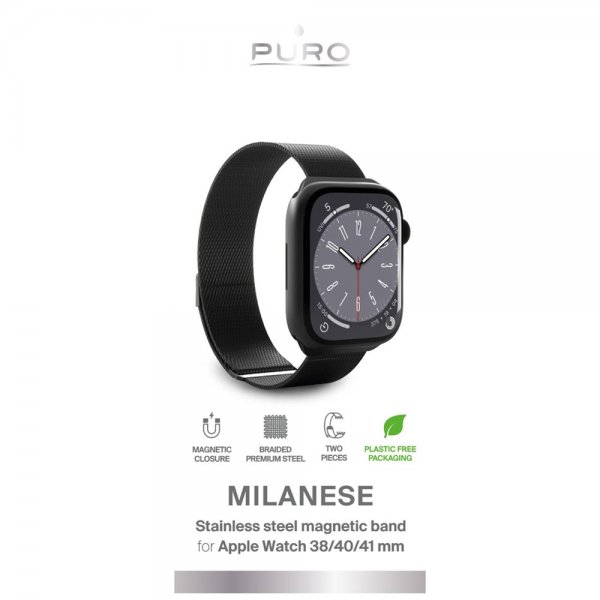 Puro Apple Watch 38/40/41/42mm Milanese-ranneke Musta