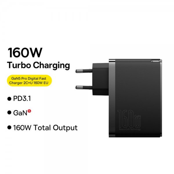 Baseus GaN5 Pro pikalaturi, 2xUSB-C ja 1xUSB-A, 160 W