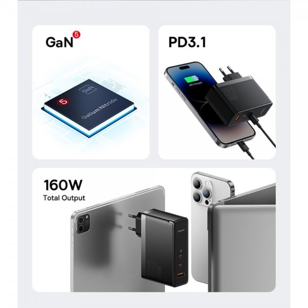 Baseus GaN5 Pro pikalaturi, 2xUSB-C ja 1xUSB-A, 160 W