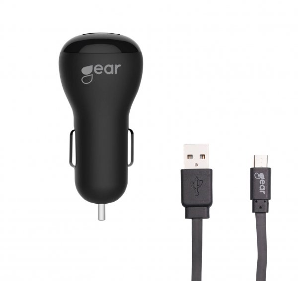 Gear Autolaturi 2xUSB 2.4A Micro-USB-kaapeli 1m Musta