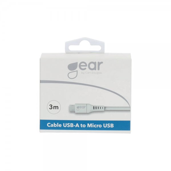 Gear Micro-USB–USB-A-latauskaapeli, 3 m, valkoinen