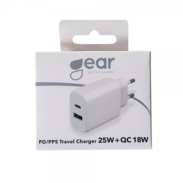Gear-laturi 1xUSB-C + 1xUSB-A PD/PPS 25W + 18W QC, valkoinen