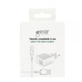 Gear Laturi 2xUSB 3.4A Valkoinen USB-C-kaapeli 1m