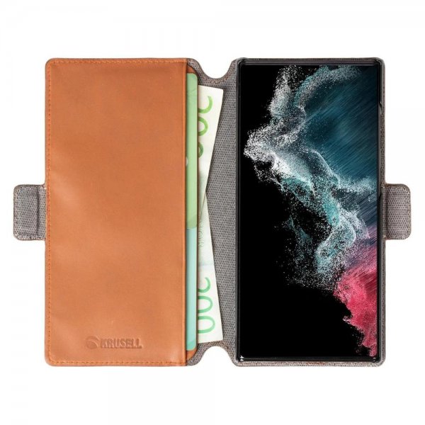 Krusell Samsung Galaxy S22 Ultra Kotelo Leather PhoneWallet Konjakki