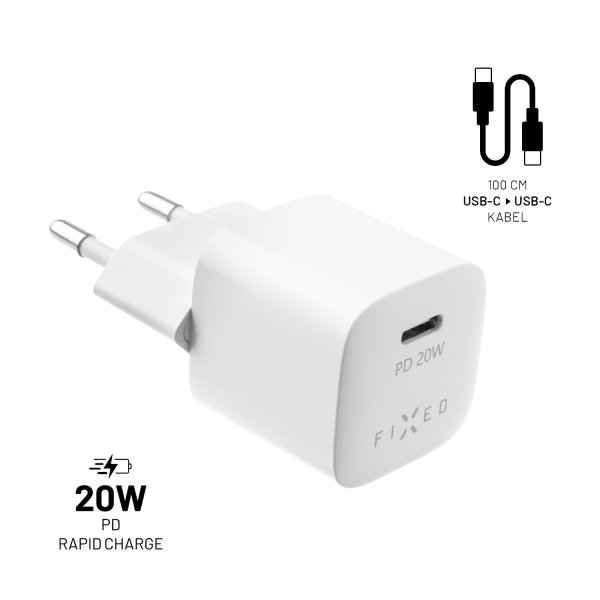 Fixed Laddare med Kabel Mini PD Travel Charger Kit USB-C/USB-C 20W Valkoinen