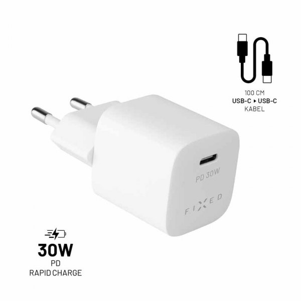 Fixed Laturi kaapelilla Mini PD Travel Charger Kit USB-C/USB-C 30W Valkoinen