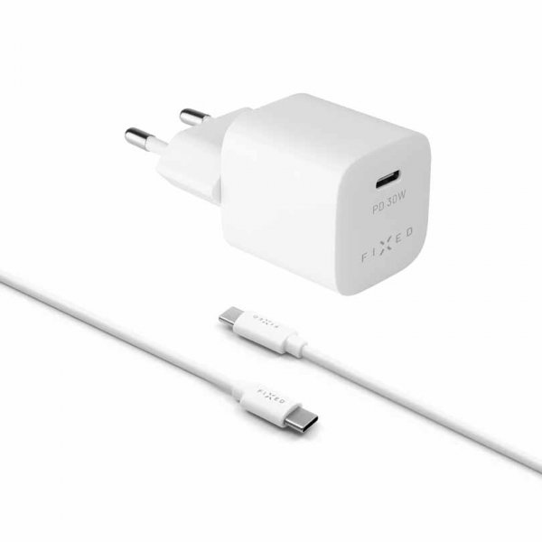 Fixed Laturi kaapelilla Mini PD Travel Charger Kit USB-C/USB-C 30W Valkoinen