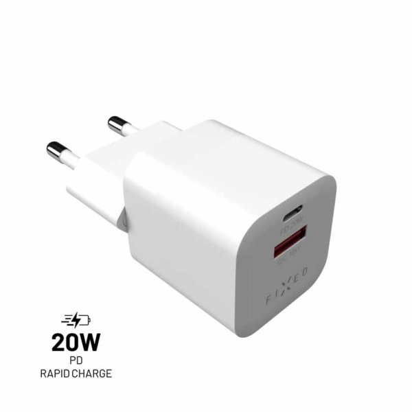 Fixed Laddare Mini PD Travel Charger USB-C & USB-A 20W Valkoinen