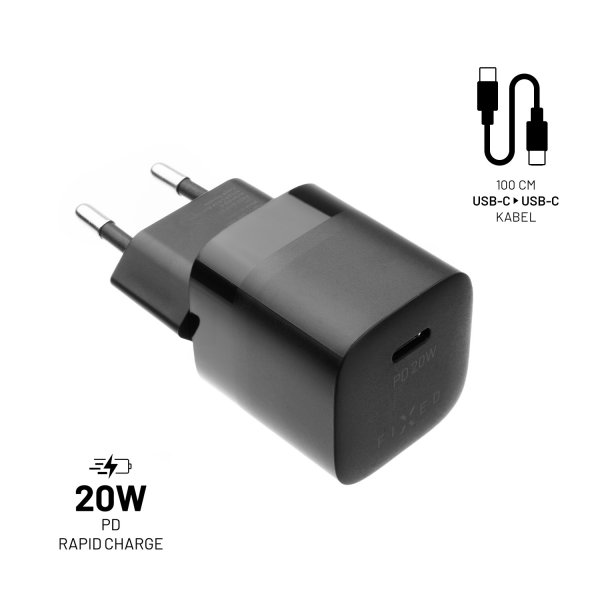 Fixed Laddare med Kabel Mini PD Travel Charger Kit USB-C/USB-C 20W Musta