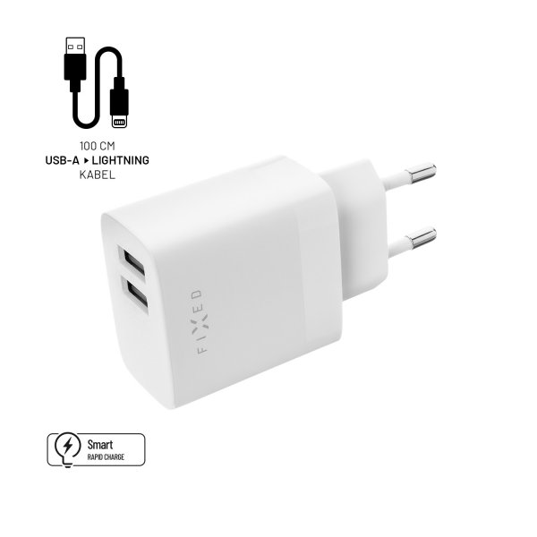 Kiinteä laturi Lightning-kaapelilla 1m 2xUSB-A 17W Valkoinen