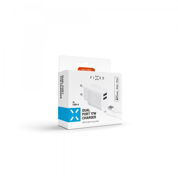 Kiinteä laturi Lightning-kaapelilla 1m 2xUSB-A 17W Valkoinen
