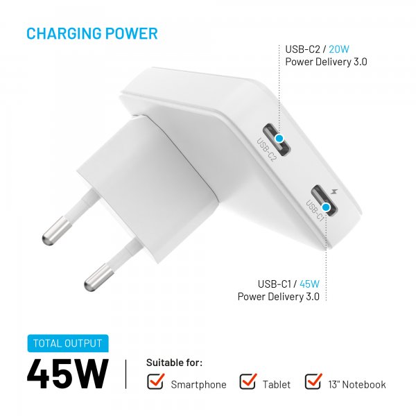 Kiinteä matkalaturi Slim Traveller 2xUSB-C 45W