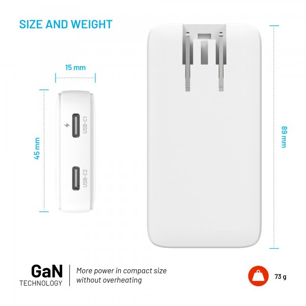 Kiinteä matkalaturi Slim Traveller 2xUSB-C 45W