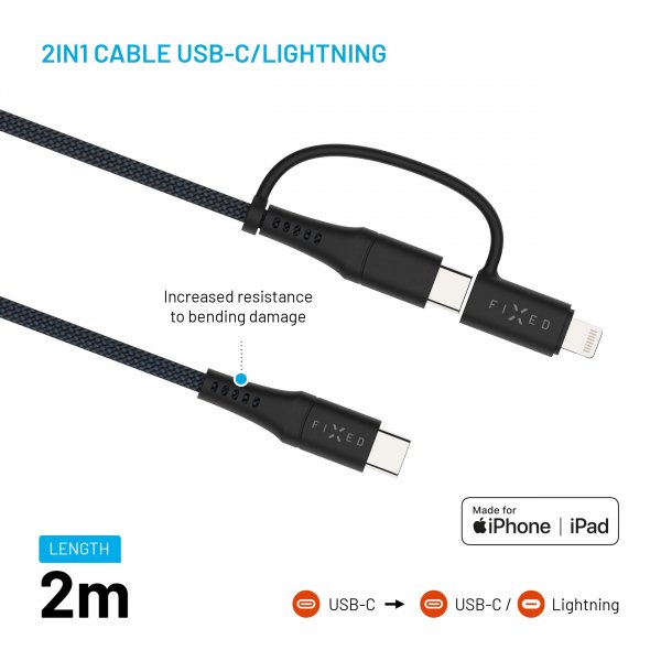 Fixed Kaapeli 2in1 USB-C/Lightning 60W 2m Musta