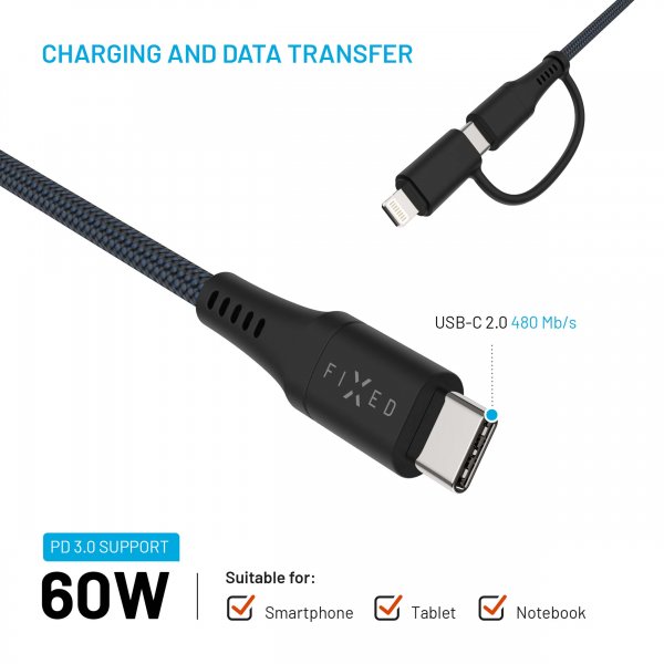 Fixed Kaapeli 2in1 USB-C/Lightning 60W 1.2m Musta