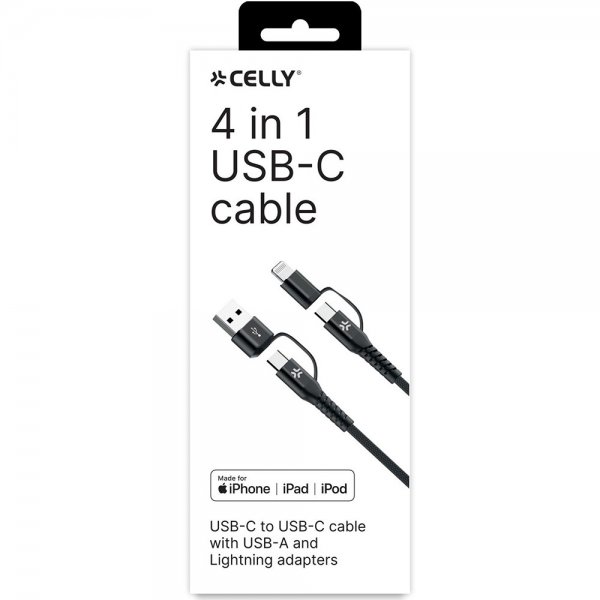 Celly-kaapeli 4 in 1 USB-C/USB-A/Lightning-kaapeli 60 W 2 m