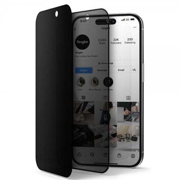 Ringke iPhone 15 Pro -näytönsuoja, Privacy Tempered Glass, asennuskehys