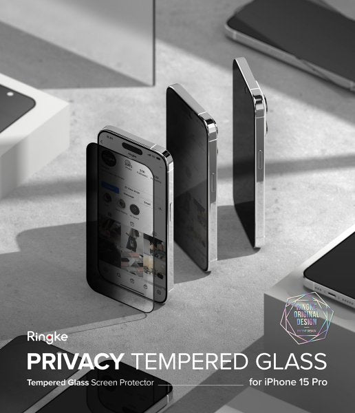 Ringke iPhone 15 Pro -näytönsuoja, Privacy Tempered Glass, asennuskehys