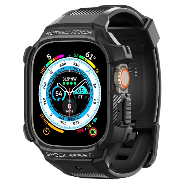 Spigen Apple Watch Ultra -suojakuori ja -ranneke, Rugged Armor Pro, musta